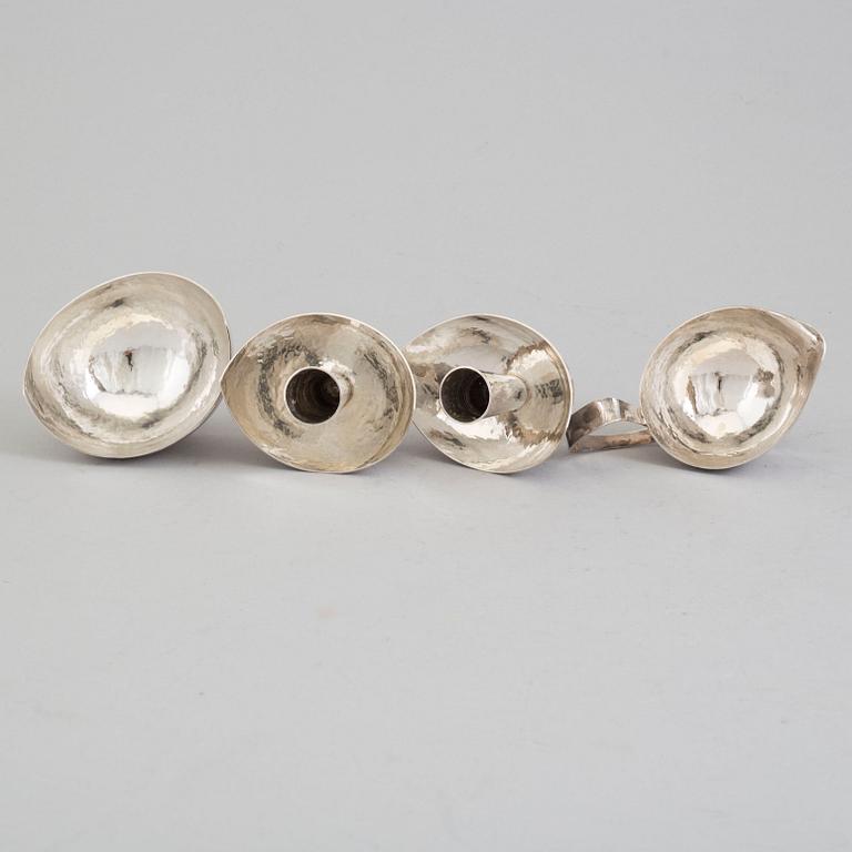 LJUSSTAKAR, ett par, samt SKÅL och GRÄDDKANNA, silver, Öhmans Eftr, P Aug, Lycksele, 1958-1960.