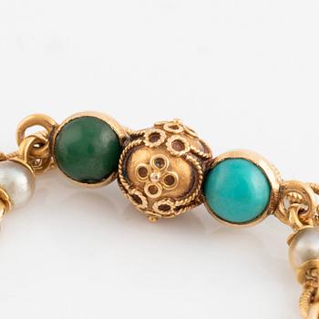 Gold with enamel and turquoise, seed pearls, rose cut diamond and ruby egyptian style necklace 1800's.