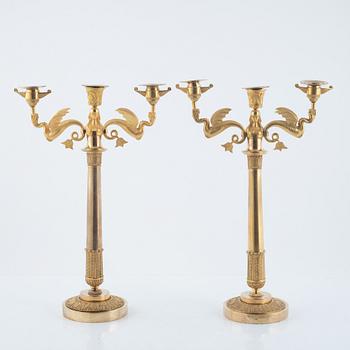 A pair of ormolu three-branch Empire candelabra, Stockholm, early 19th century.