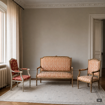 Karmstolar, ett par, samt soffa och stol, 1900-tal, Louis XVI-stil.