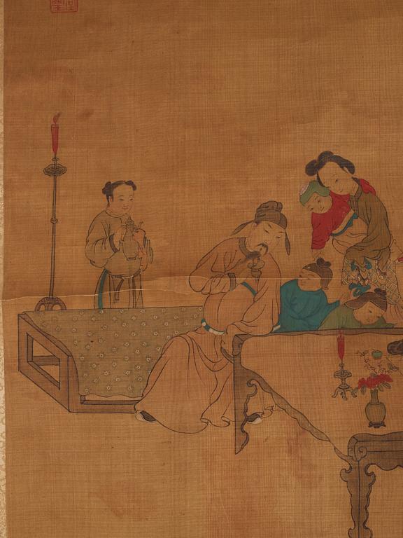 A Chinese scroll painting, ink and colour on silk laid on paper, late Qing dynasty/early 20th Century.