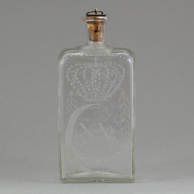 BRÄNNVINSFLASKA, glas, Bjursås. Daterad 1862.