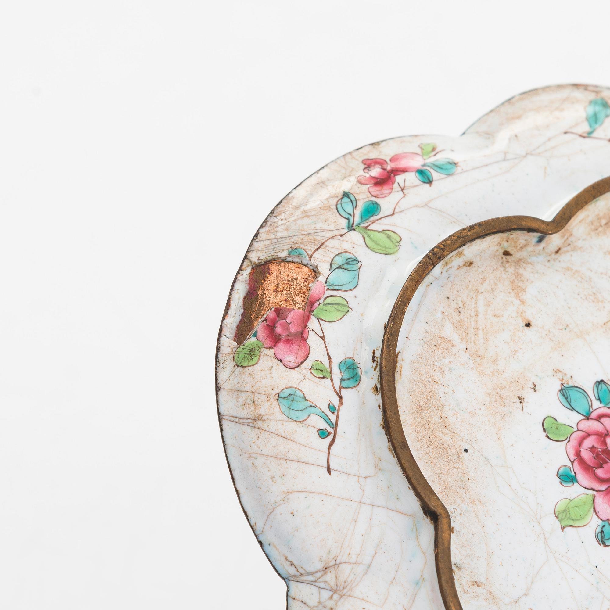 A tray and a lidded box, enamel on copper, Qing dynasty, late 18th century and 19th century.