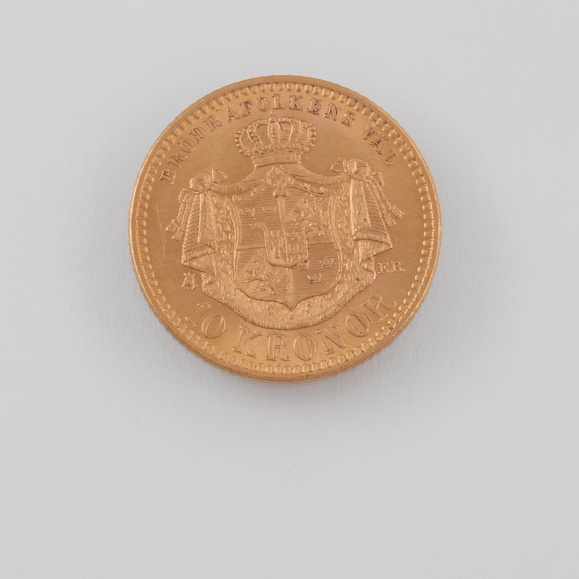 GULDMYNT, 10 kr, Oscar II, 1901. Vikt 4,5 g.