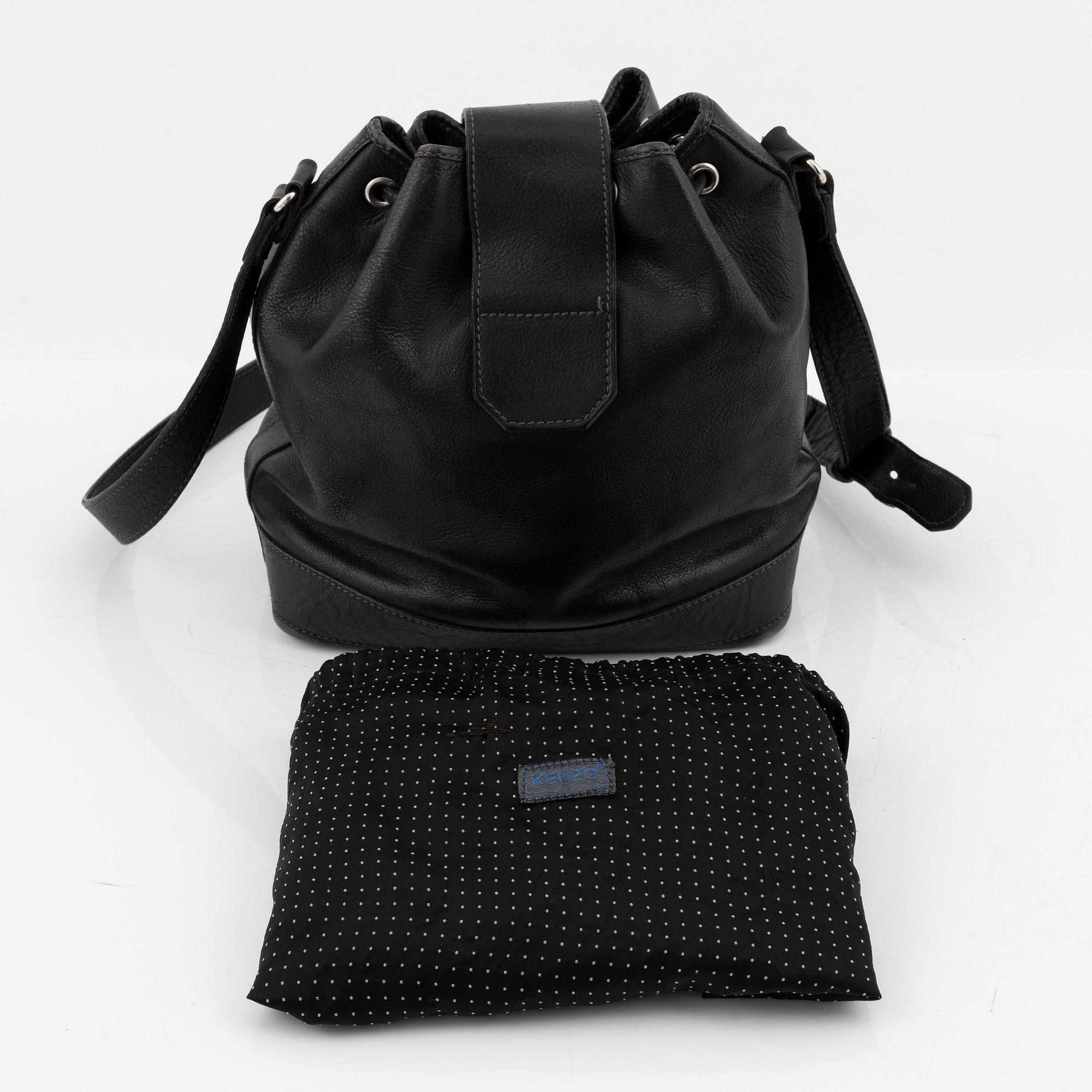 Kenzo, a black leather bucket bag.