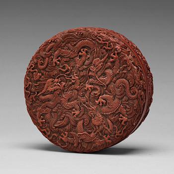 639. A red lacquer box with cover, Qing dynasty, with Qianlong six character mark.