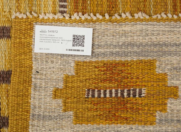 MATTA, rölakan, monogramsignerad AGS (Anna-Greta Sjöquist). 1900-talets mitt. Ca 233 x 165 cm.