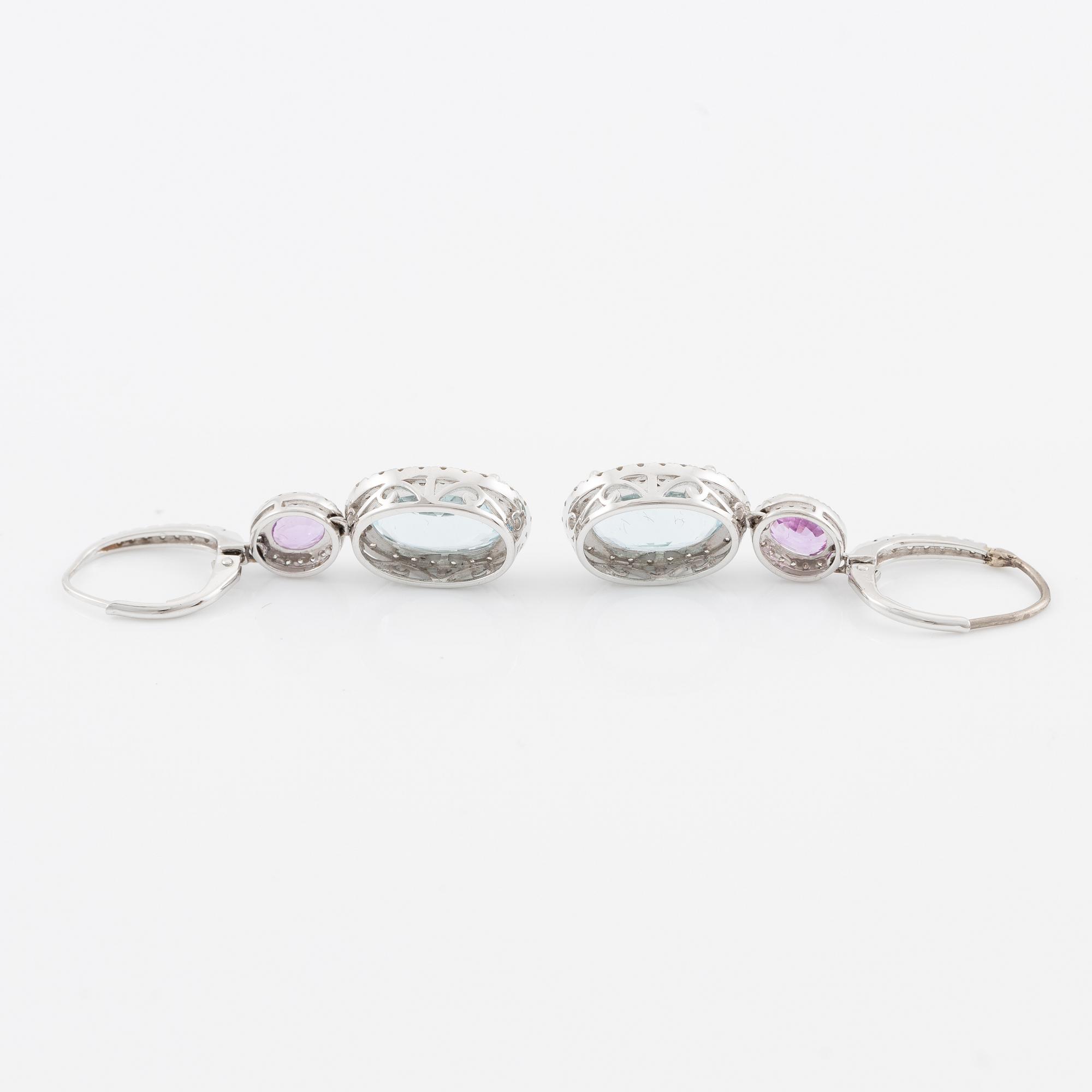 Aquamarine, pink sapphire and brilliant-cut diamond earrings.