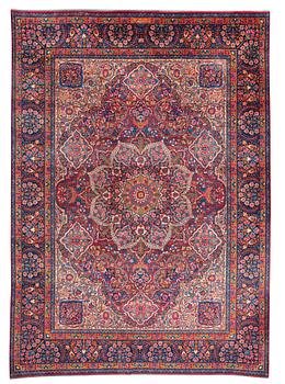 1260. SEMI-ANTIQUE YAZD. 355,5 x 254,5 cm (as well as approximetley 1,5 cm blue flat weave at each end).