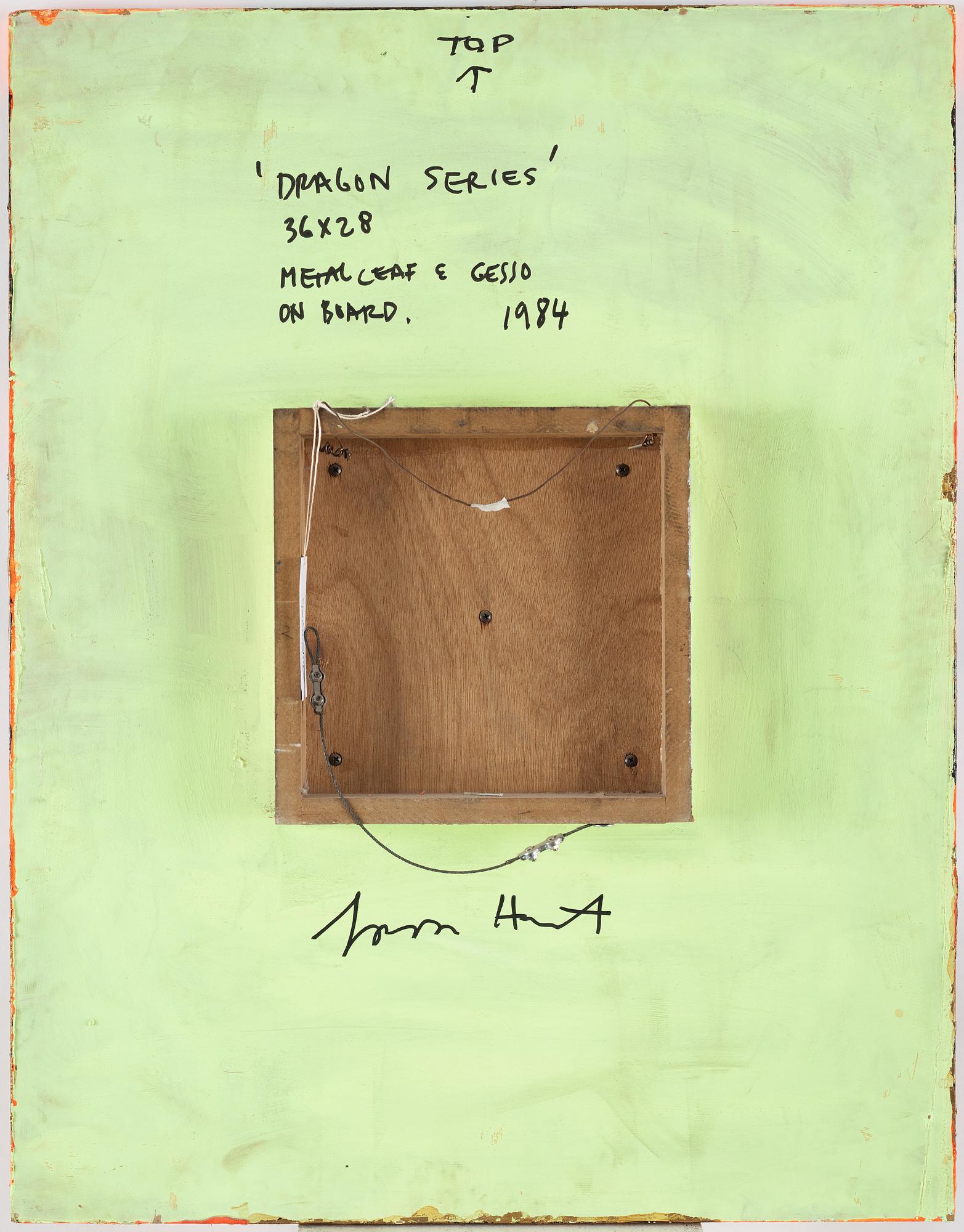 Gordon Hart, signed and dated 1984 on verso. Diptych. Gesso, silver leaf and metal leaf on panel.