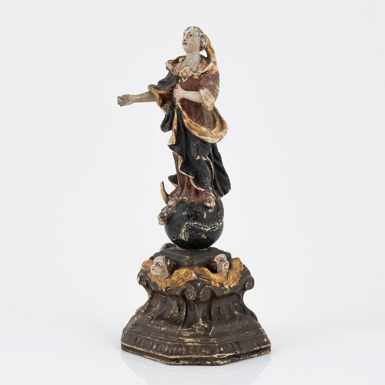A carved and painted figure of the Virgin Mary crushing the Serpent, Southern Europe, 18th/19th century.