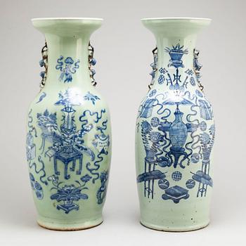 Two large blue and white celadon glazed vases, Qing dynasty, early 20th century.