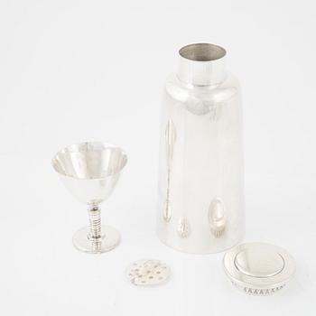 Shaker, tray and cocktail glass, silver plated.