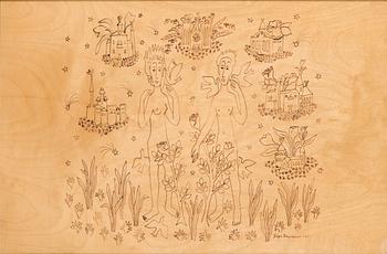 Birger Kaipiainen, drawing, ink on plywood, signed and dated -46.