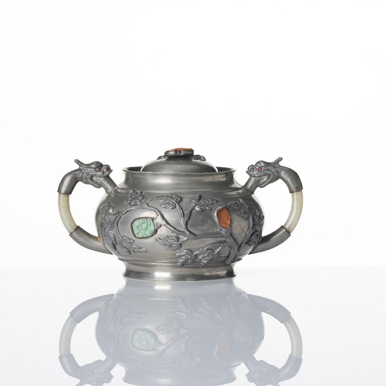 A five piece stone inlayed pewter tea service, China, early 20th century.