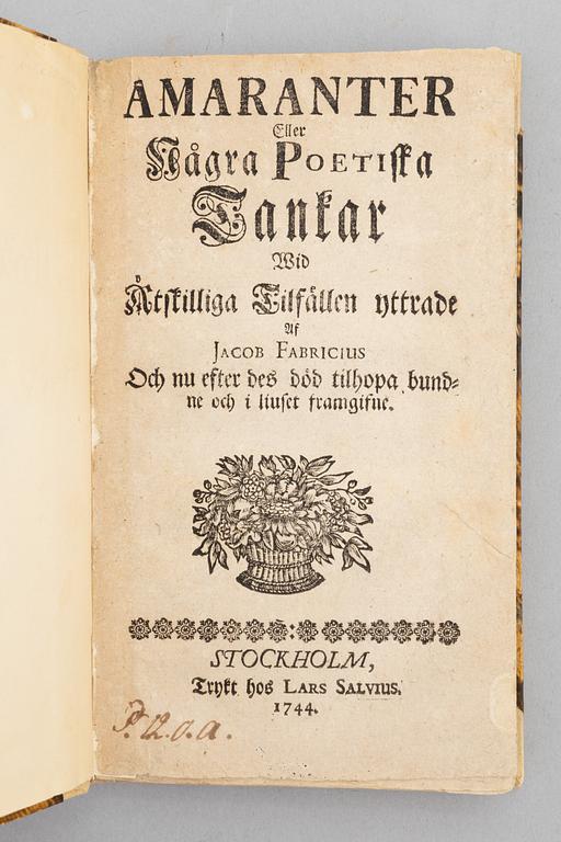 Rare collection of poetry, 1744.