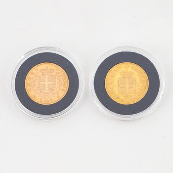 Two Italian 20 Lire gold coins, 1863 & 1888.