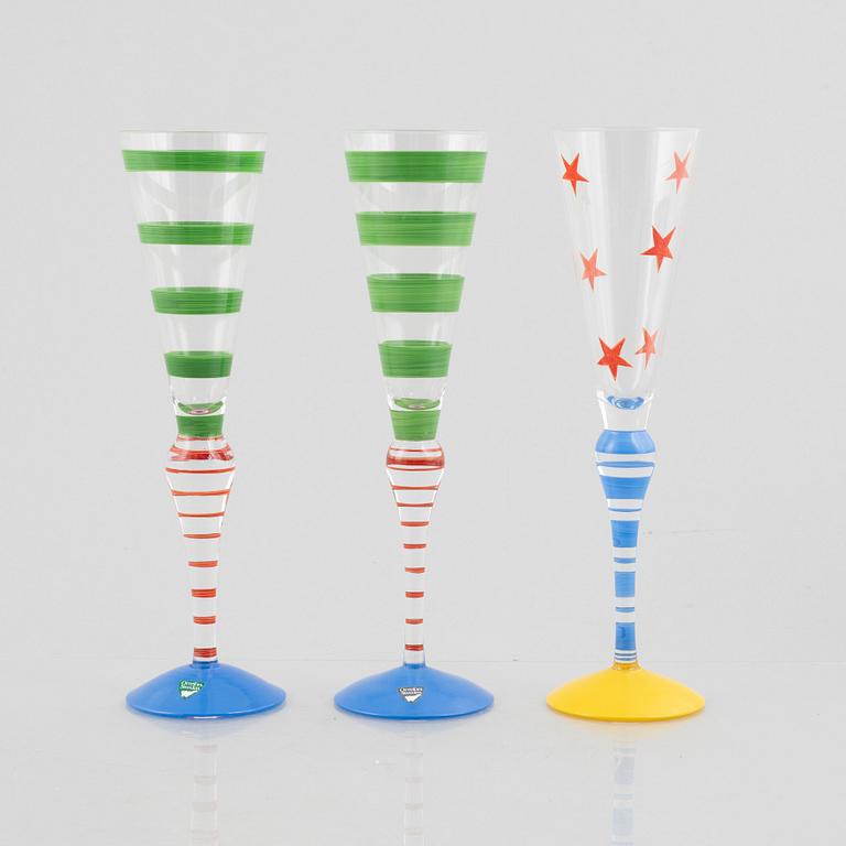 Anne Nilsson,  seven 'Clown' champagne glasses, Orrefors.