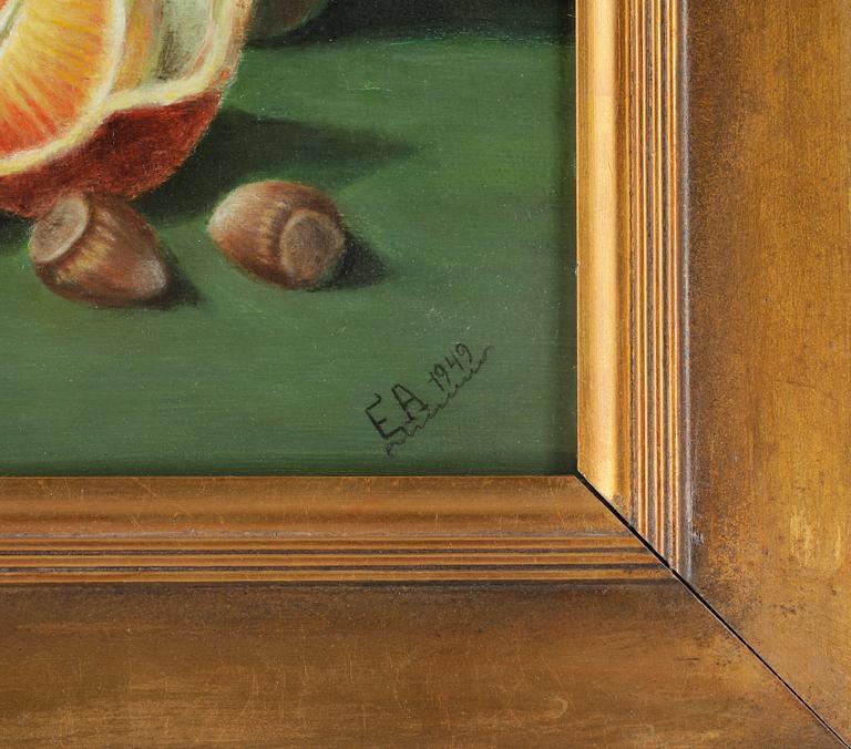 OKÄND KONSTNÄR. Olja på pannå, monogramsignerad EA, daterad 1949.
