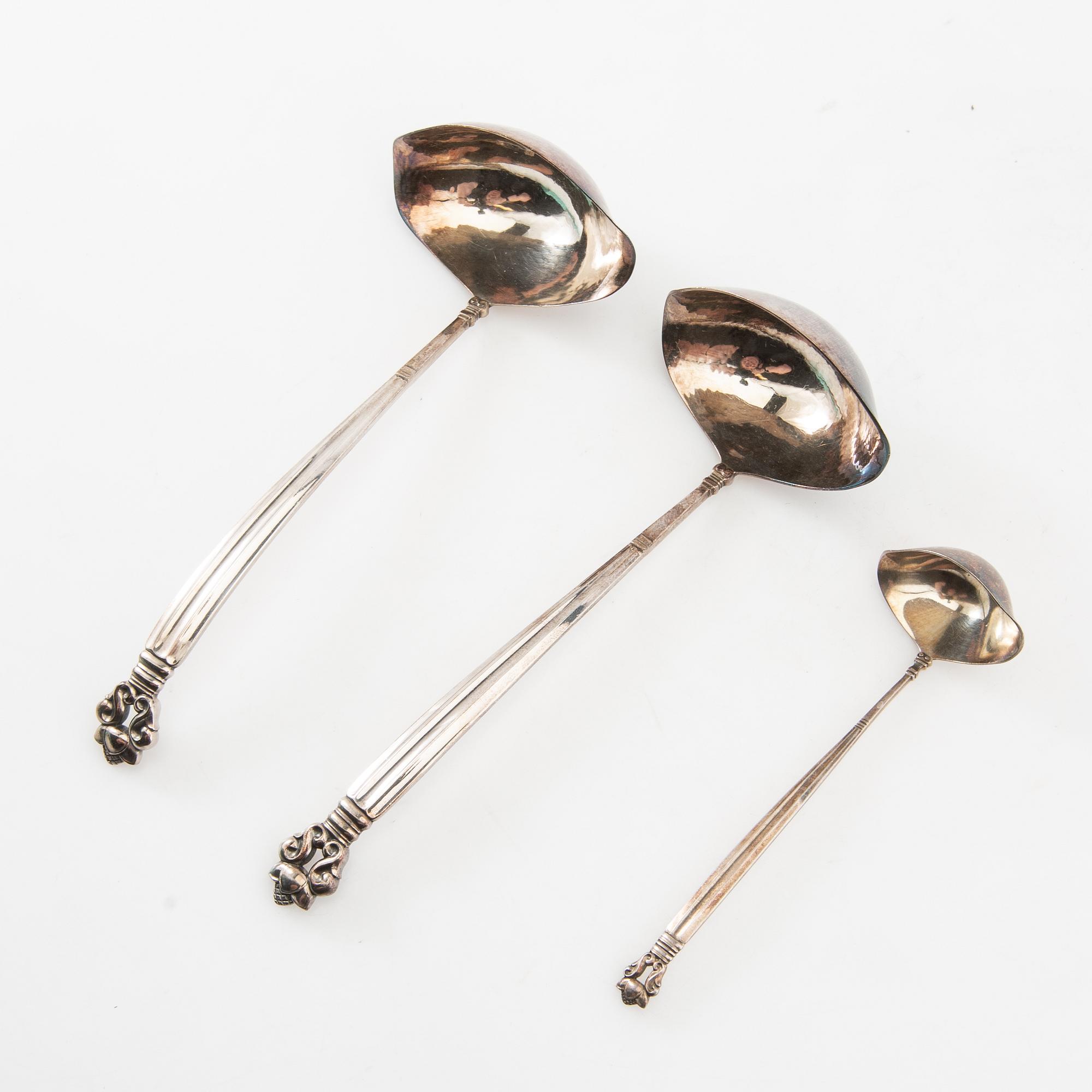 Johan Rohde, Serving utensils 3 dlr, sterling silver "Konge/Acorn", Georg Jensen, Denmark, after 1945.