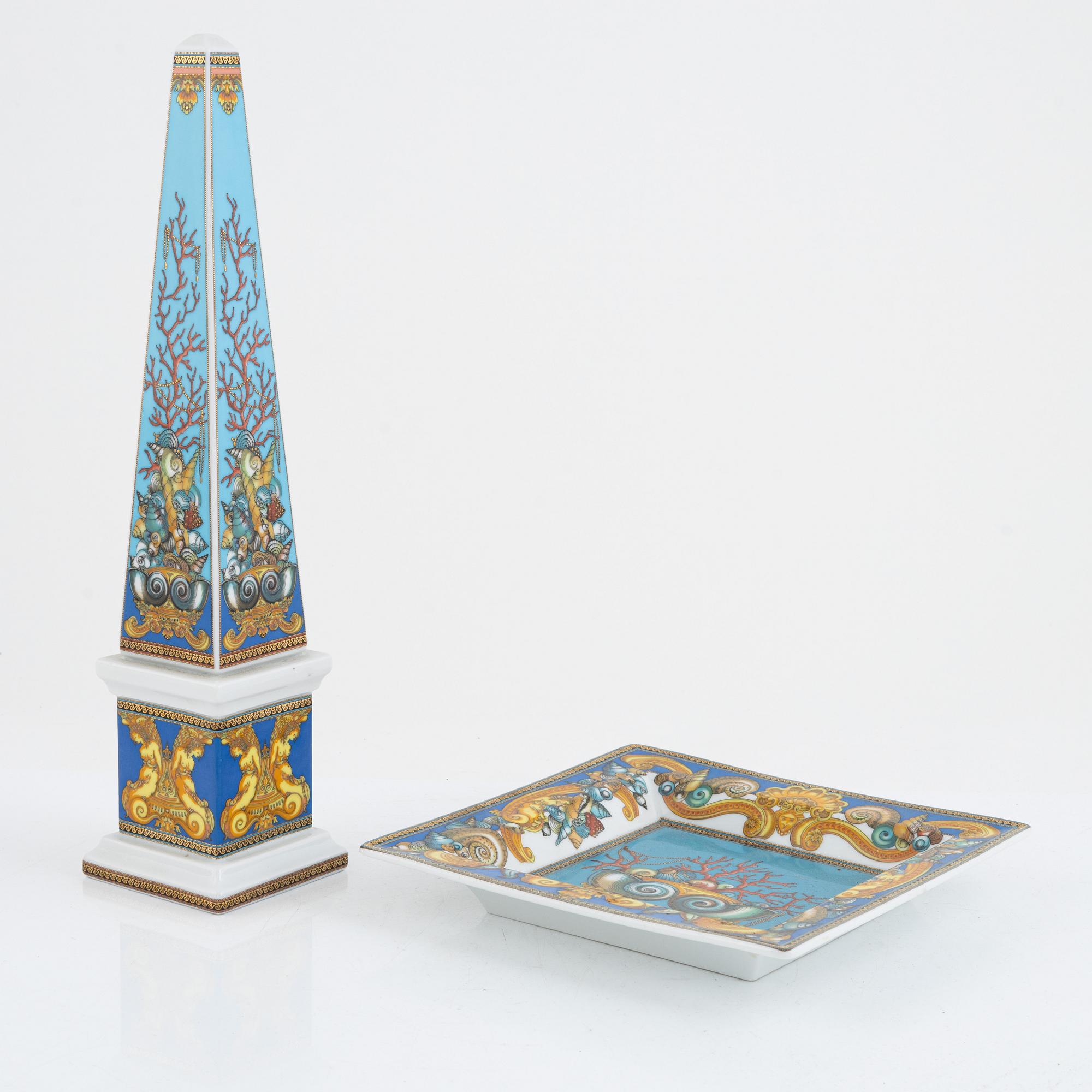 Versace, a "Les Tresors de la Mer" porcelain obeslique and tray, for Studio-line Rosenthal, Germany.