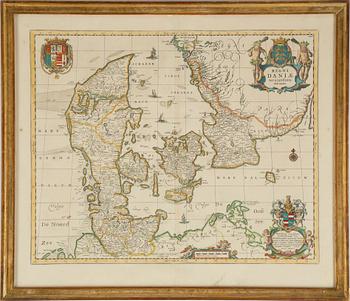 Johannes Janssonius, karta över Danmark och Skåne, handkolorerat koppartstick, 1600-tal.