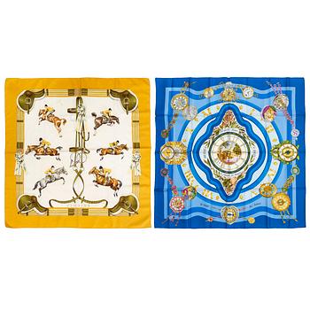 HERMÈS, two silk scarves, 'Jumping' & 'La Ronde des Heures'.