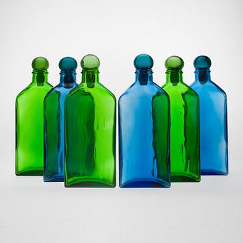 FLASKOR, 6 st, glas, "Lankkupullo" Helena Tynell, Riihimäen Lasi 1970-tal.