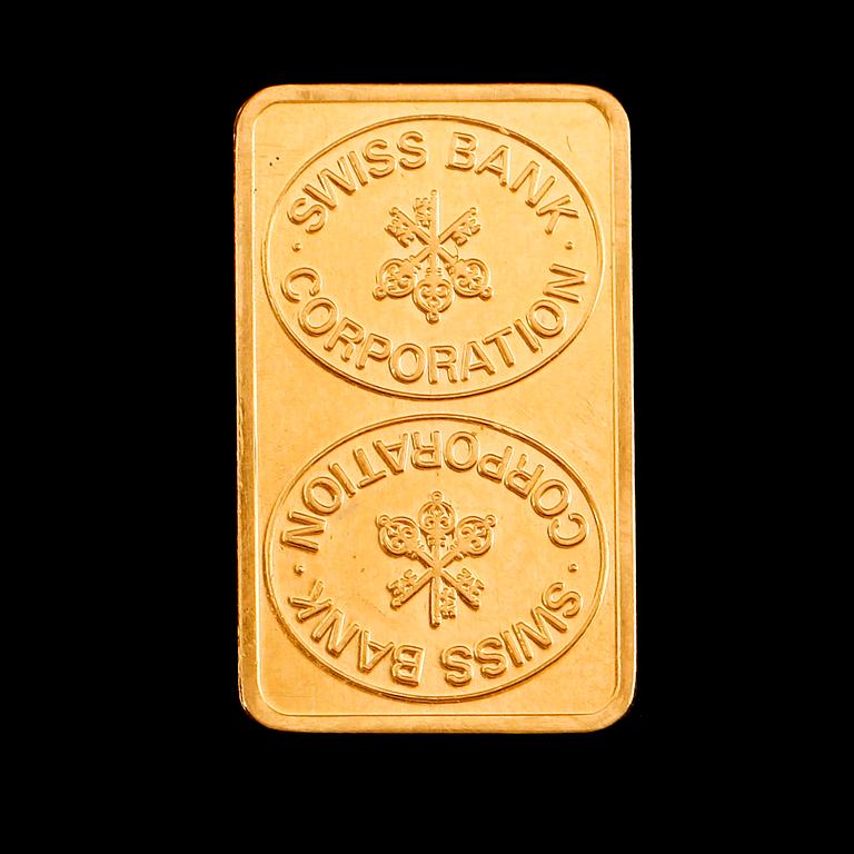 PLAKETT, fine gold, Swiss Bank Corporation. Vikt 10 gram.