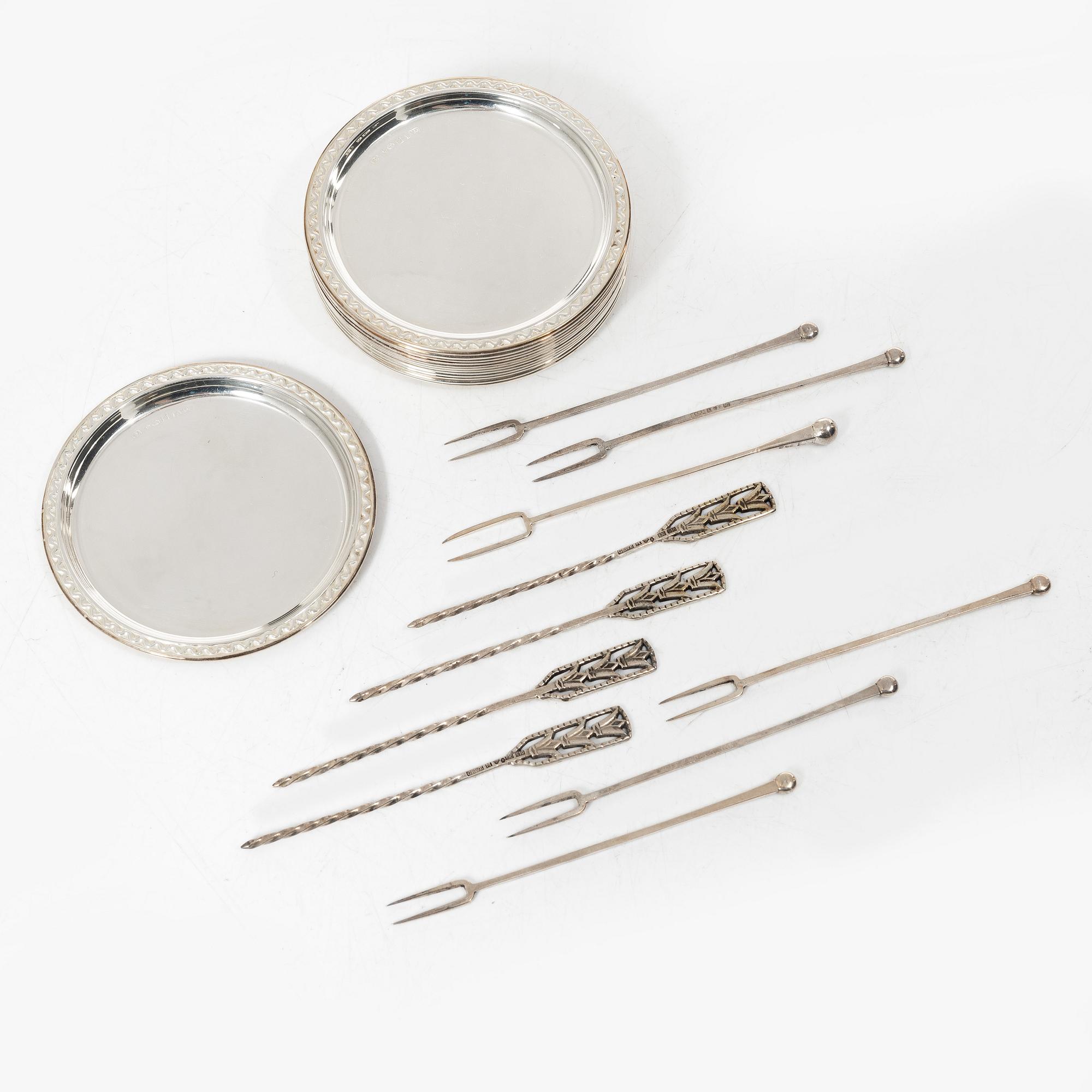 Coasters, 13 pcs, and cocktail sticks, 10 pcs, silver, Sweden, including GAB, Eskilstuna 1973.