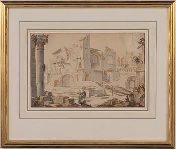 Unknown artist, 18th century, Ruin landscape with figures.