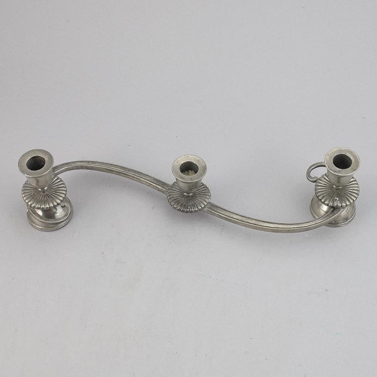 A three light pewter candelabrum, Just Andersen. Denmark.