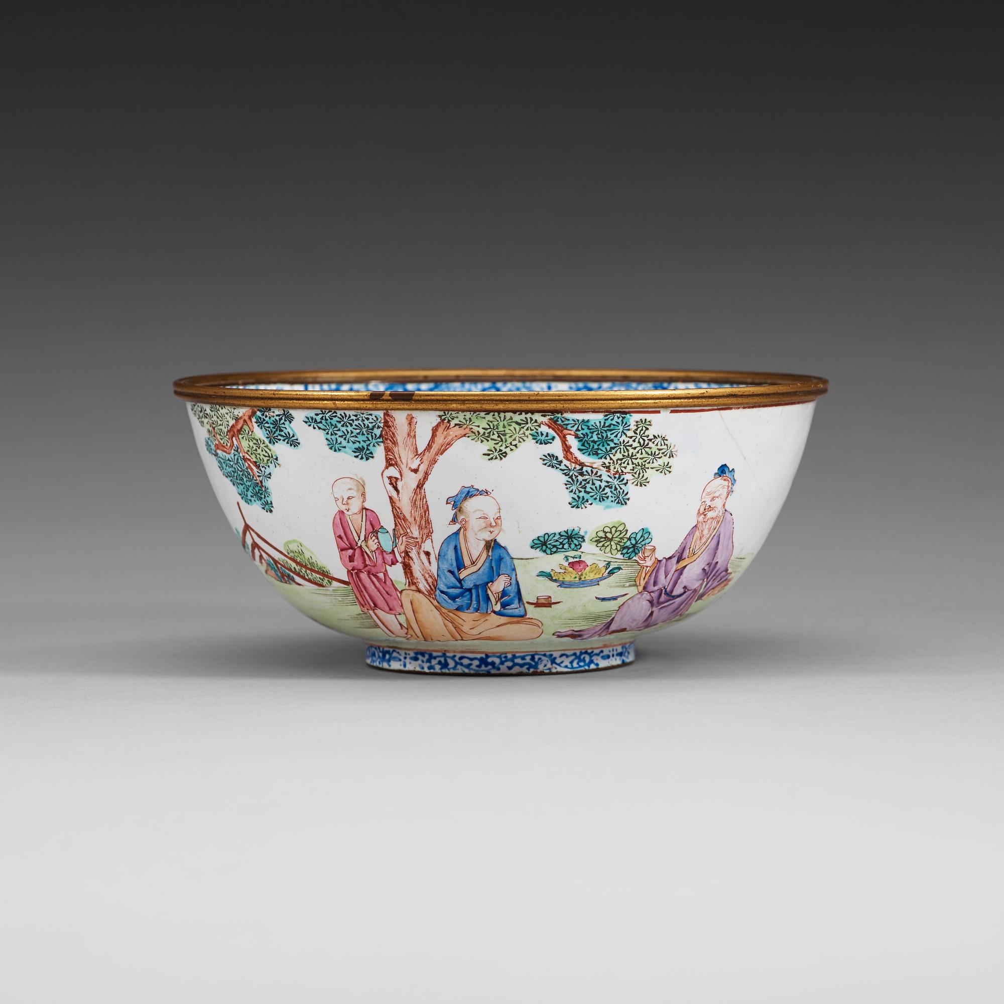 An enamel on copper bowl with figures in a garden, Qing dynasty, Qianlong (1736-95).