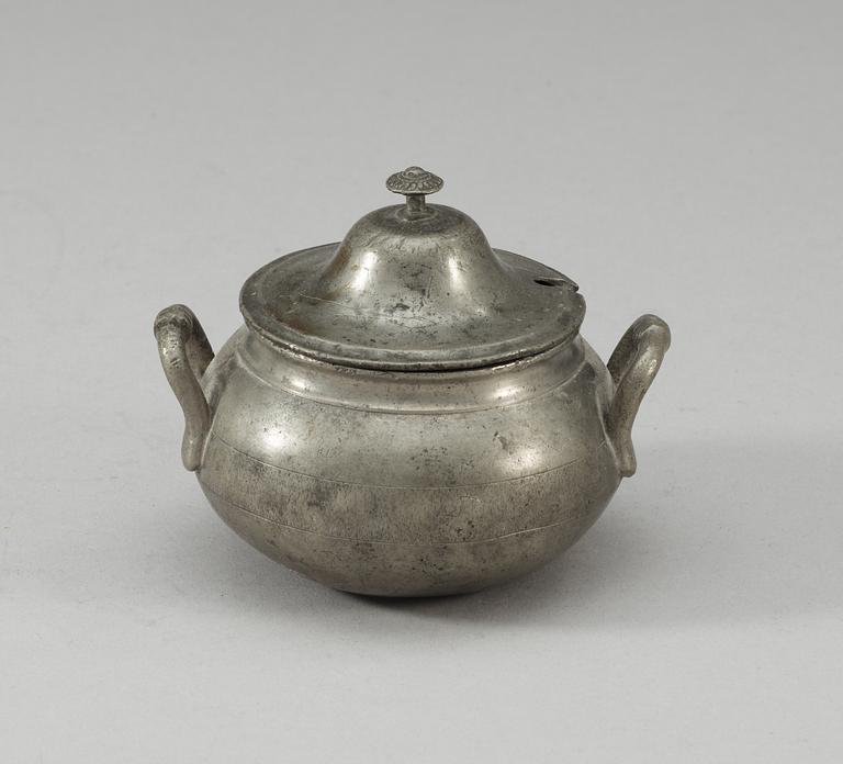 A Swedish pewter mustard bowl with cover, makers mark by F. Santesson, Stockholm 1850s.