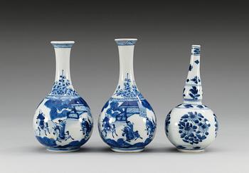 A pair of blue and white vases and a water sprinkler, Qing dynasty, Kangxi (1662-1722).