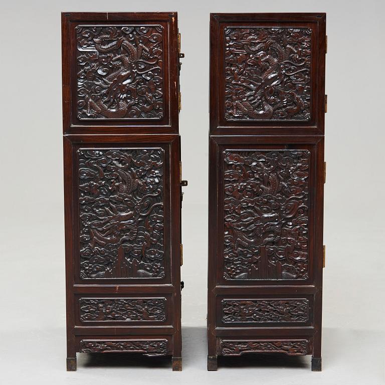 A pair of Chinese hardwood cupboards, late Qing dynasty (1644-1912).