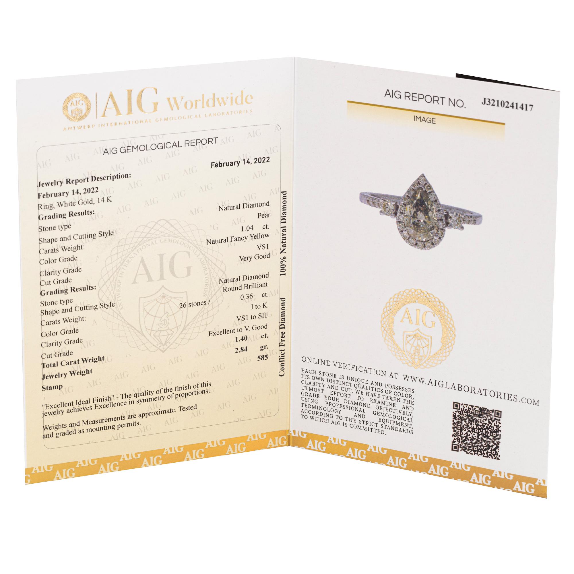 14K white gold and 1,04 ct pear shaped diamond ring. With AIG certificate.