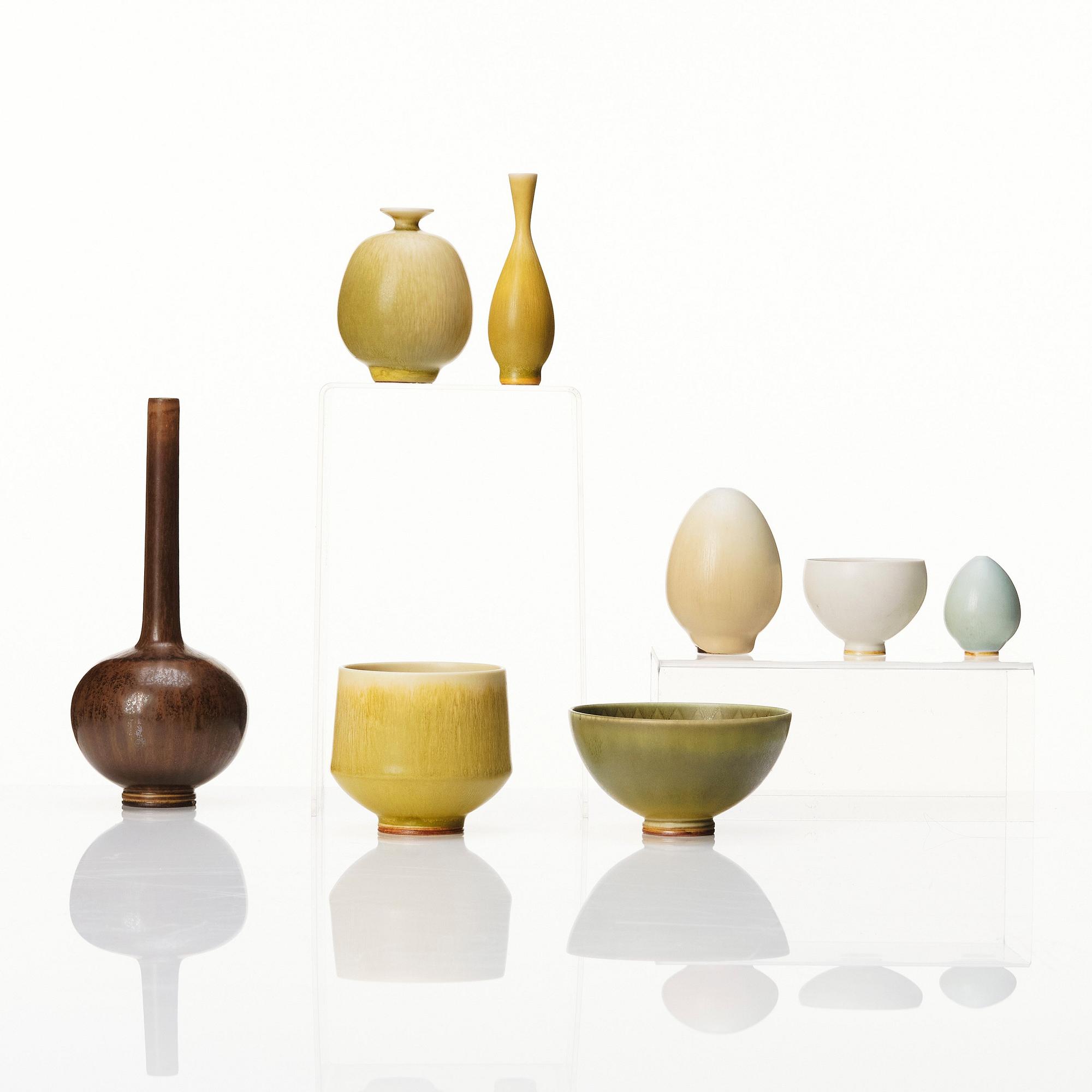 Berndt Friberg, a set of 5 stoneware miniature vases and 3 bowls, Gustavsberg studio, Sweden 1957-66.