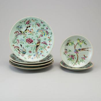 Six famille rose celadon glazed dishes, Canton, Qing dynasty, late 19th century.