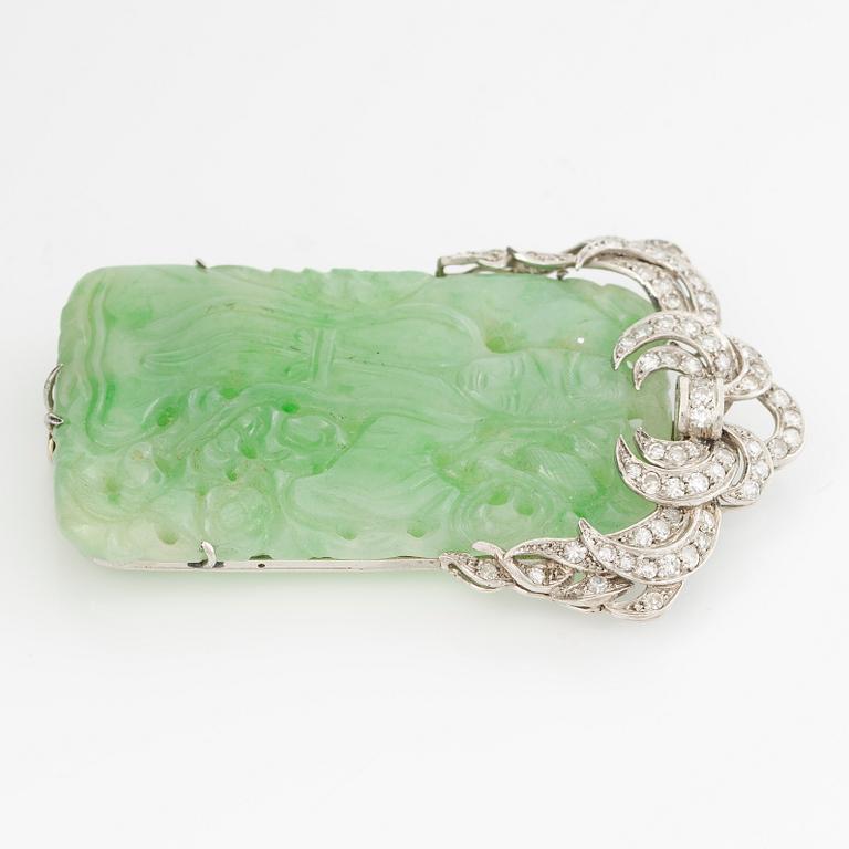 Brooch, platinum with carved jade and octagon-cut diamonds.