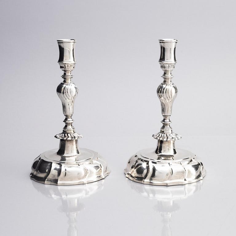 A pair of German 18th cenury silver candlesticks, marks of Johann Georg Rahm, Rostock circa 1770.