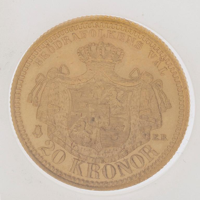 MYNT, guld, 20 kronor, Oscar II, 1898, vikt ca 9 g.