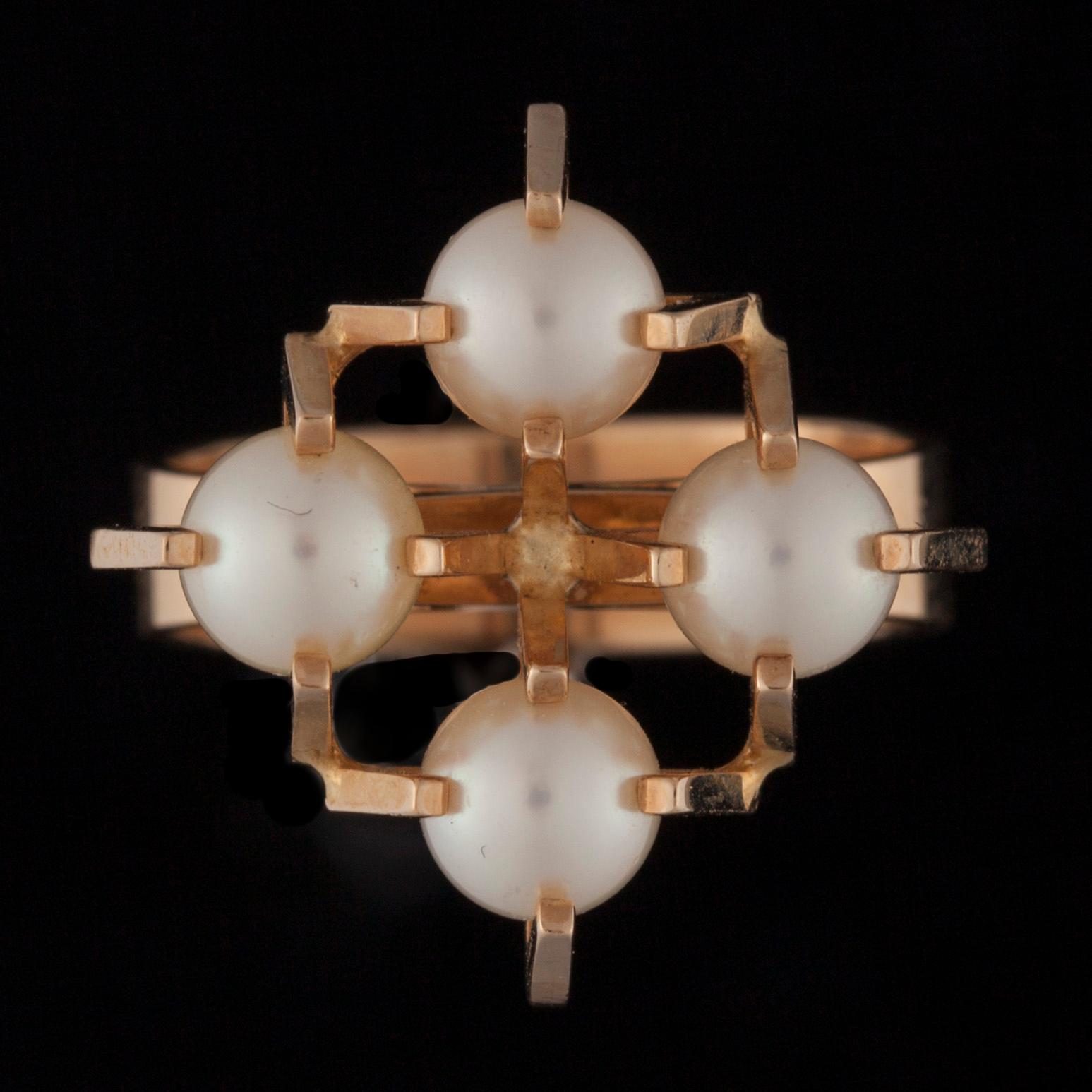 BROSCH, ARMBAND och RING, 14K guld, pärlor, spektrolit. 1969. Vikt totalt ca 30 g.