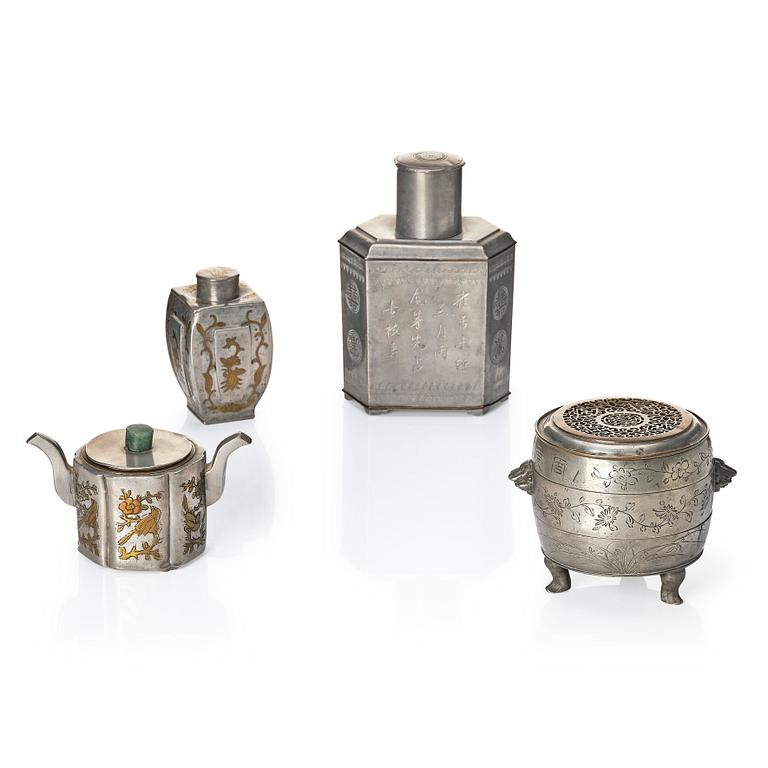 A group of Chinese pewter wares, Qing dynasty. (4 pieces).