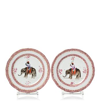 A pair of famille rose European Subject dinner plats with elephants, Qing dynasty, Qianlong (1736-95).