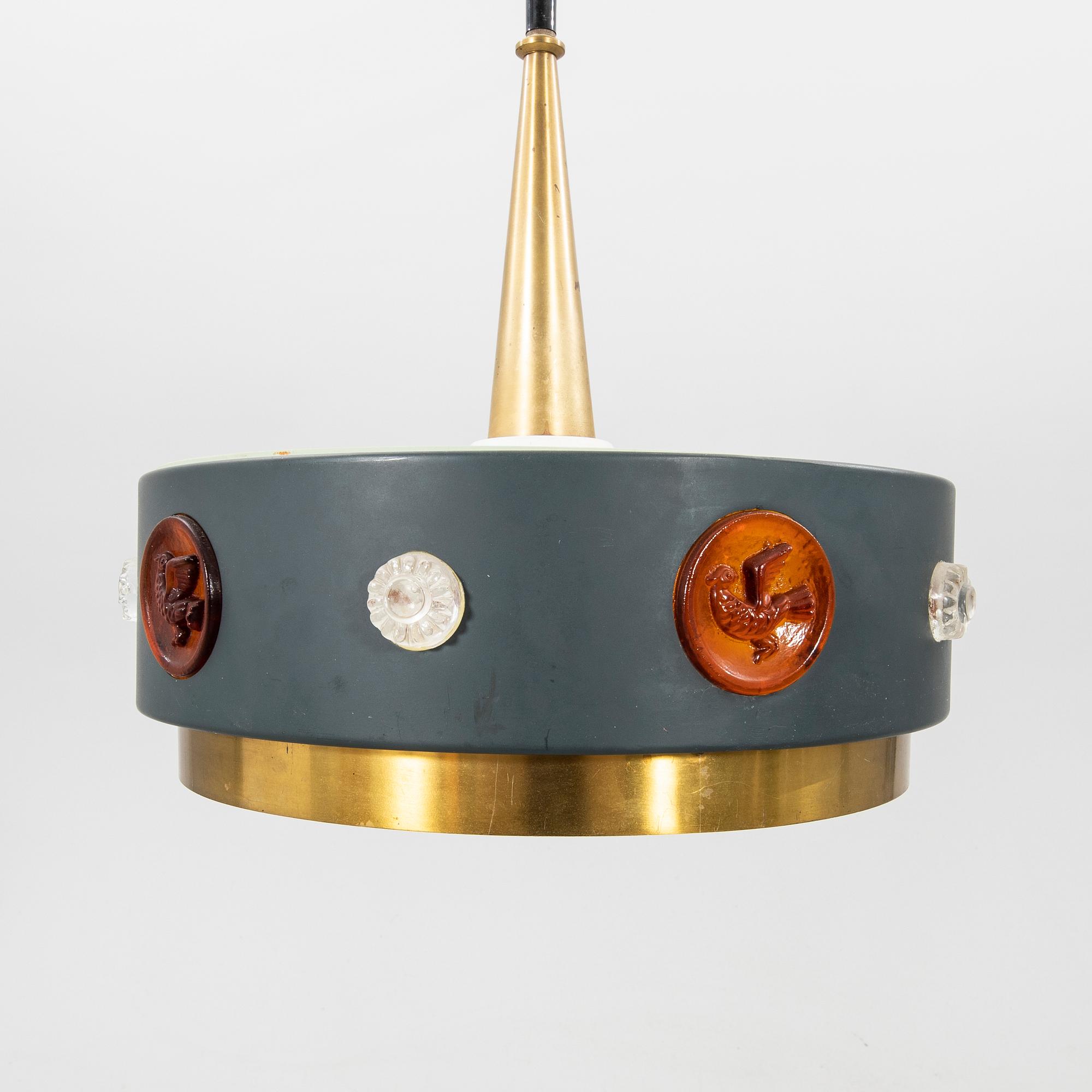 A brass, metal and glass ceiling lamp by Einar Bäckström, Malmö second half of the 20th century.