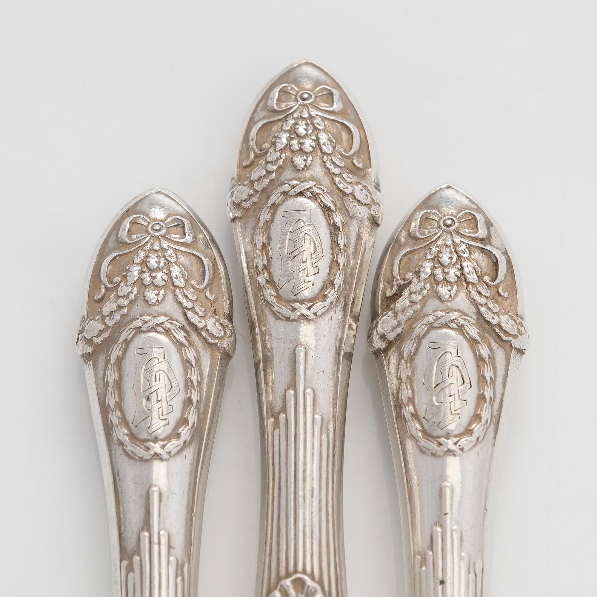 A set of six parcel-gilt forks, maker's mark of Mihail Bogdanov, Saint Petersburg 1892-1912.