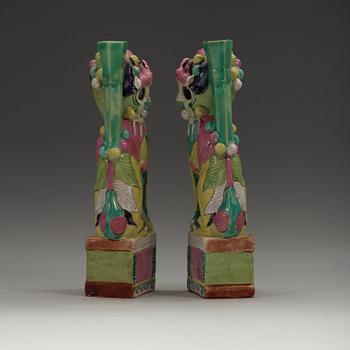 A pair of famille rose joss stick holders, Qing dynasty, 19th Century.