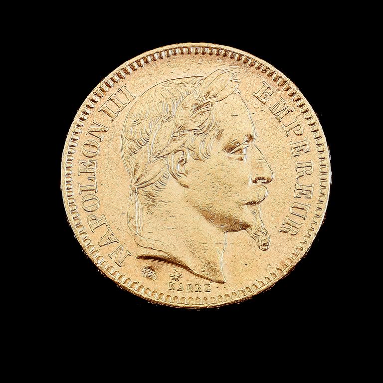 GULDMYNT, 20 franc, Napoleon III, 1866. Vikt ca 6 gram.
