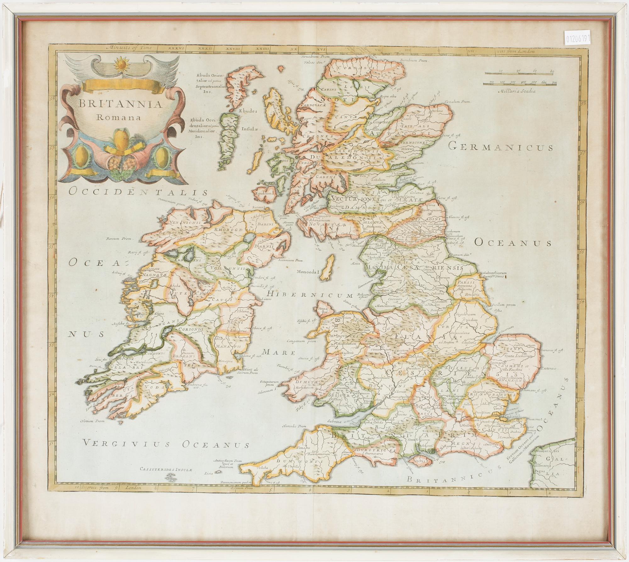 KARTA, etsning, "Britannia Romana", trol 1700/1800-tal.